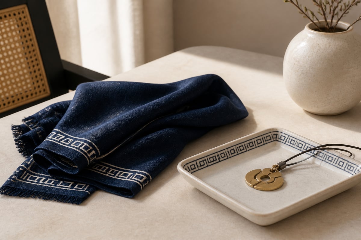 Indigo scarf, ceramic tray, and abstract bronze pendant arranged in warm daylight
