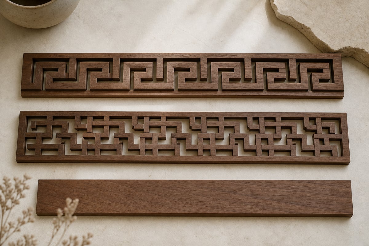Two carved walnut border samples showing a regular key fret and a denser interlocking lattice