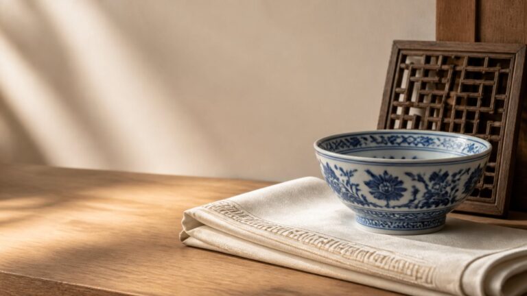 Blue-and-white porcelain, cream textile, and carved wood lattice arranged in warm daylight
