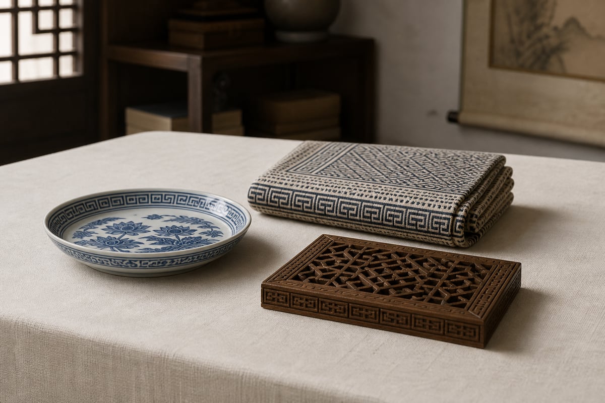Porcelain dish, indigo textile, and carved wood sample displayed together on a linen-covered table