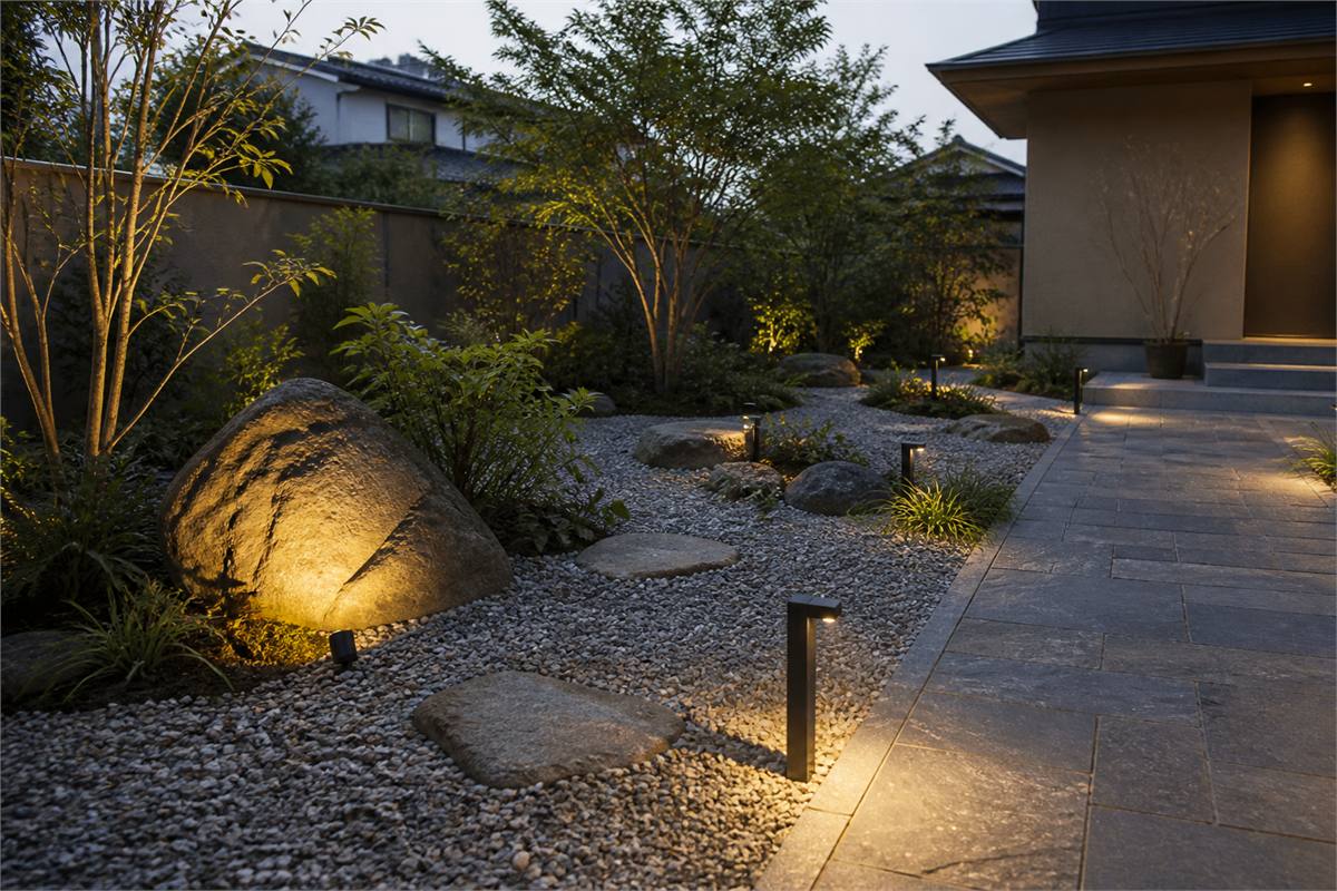 Shielded low garden lights revealing gravel texture beside a paved walkway