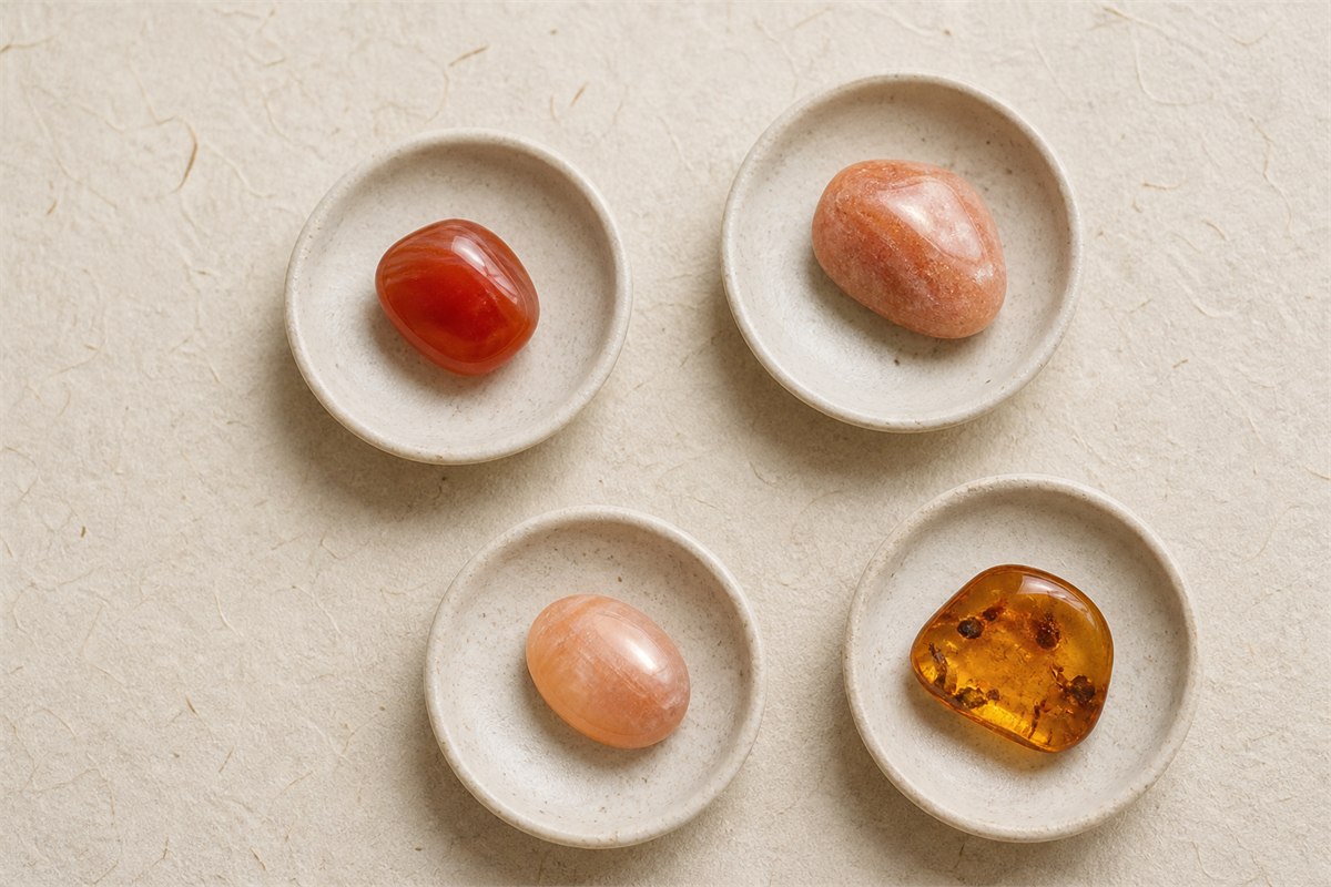 Carnelian, sunstone, orange moonstone, and amber displayed separately in four ceramic dishes
