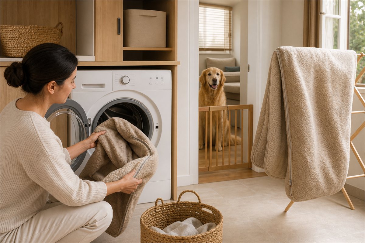 Dog-bed covers being washed while a golden retriever waits behind a gate