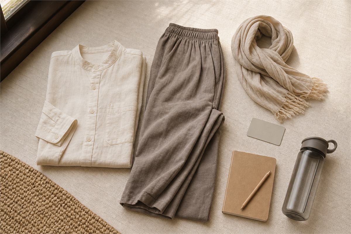 Long-sleeve shirt, long trousers, scarf, transit card, water, and notebook
