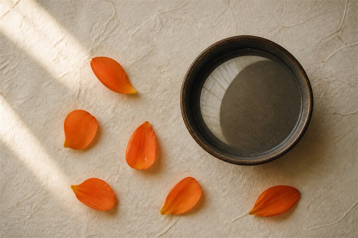 Six loose orange flower petals beside a dark ceramic bowl of water with a crescent-shaped window reflection