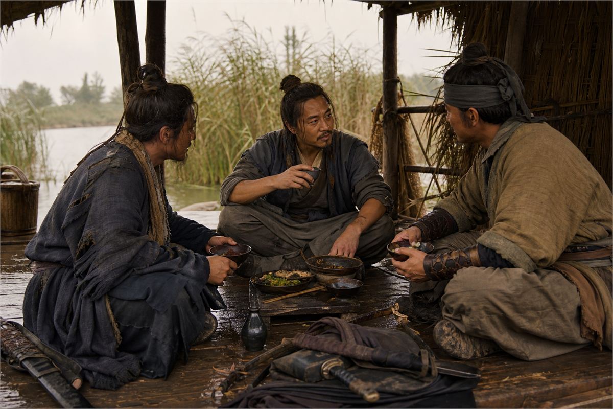 Three Song-era inspired travelers share a simple meal in a reed-side shelter after rain