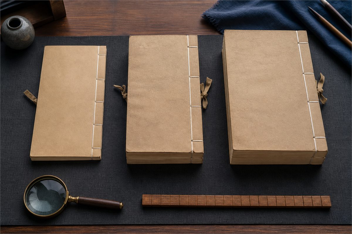 Three blank thread-bound volumes of different thicknesses on an archival reading table