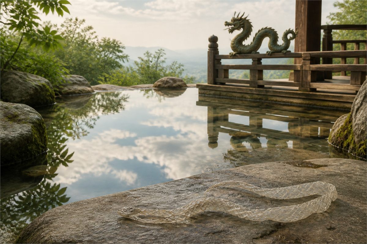 Empty shed snake skin on a stone beside a reflective pool and a distant dragon ornament