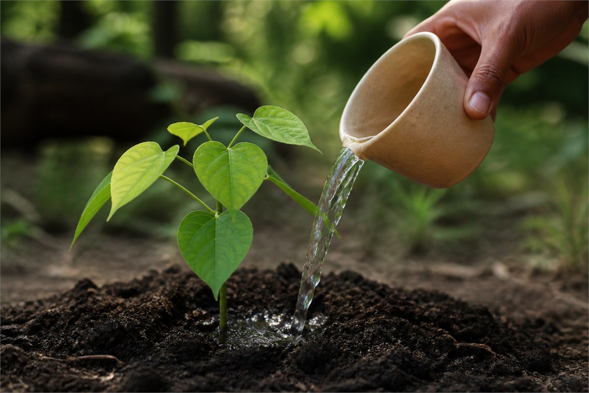 Hand watering a young bodhi sapling growing in soil beside soft sunlight