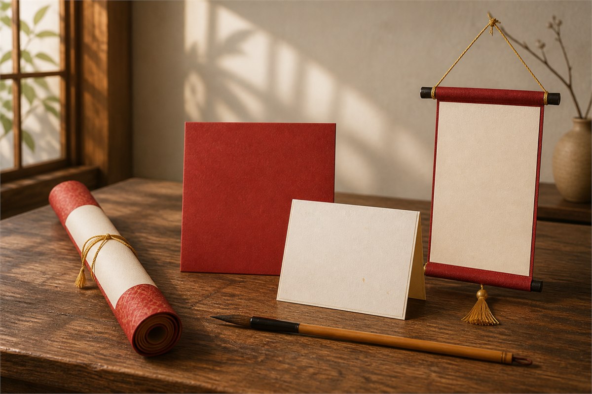 Blank scroll, square card, folded note, and hanging banner arranged with a bamboo brush