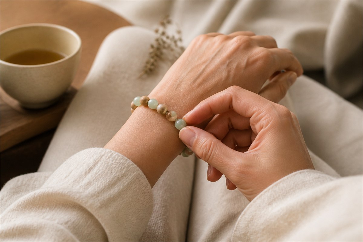 Adult hand gently touching a fitted jade and wood bead bracelet on the wrist