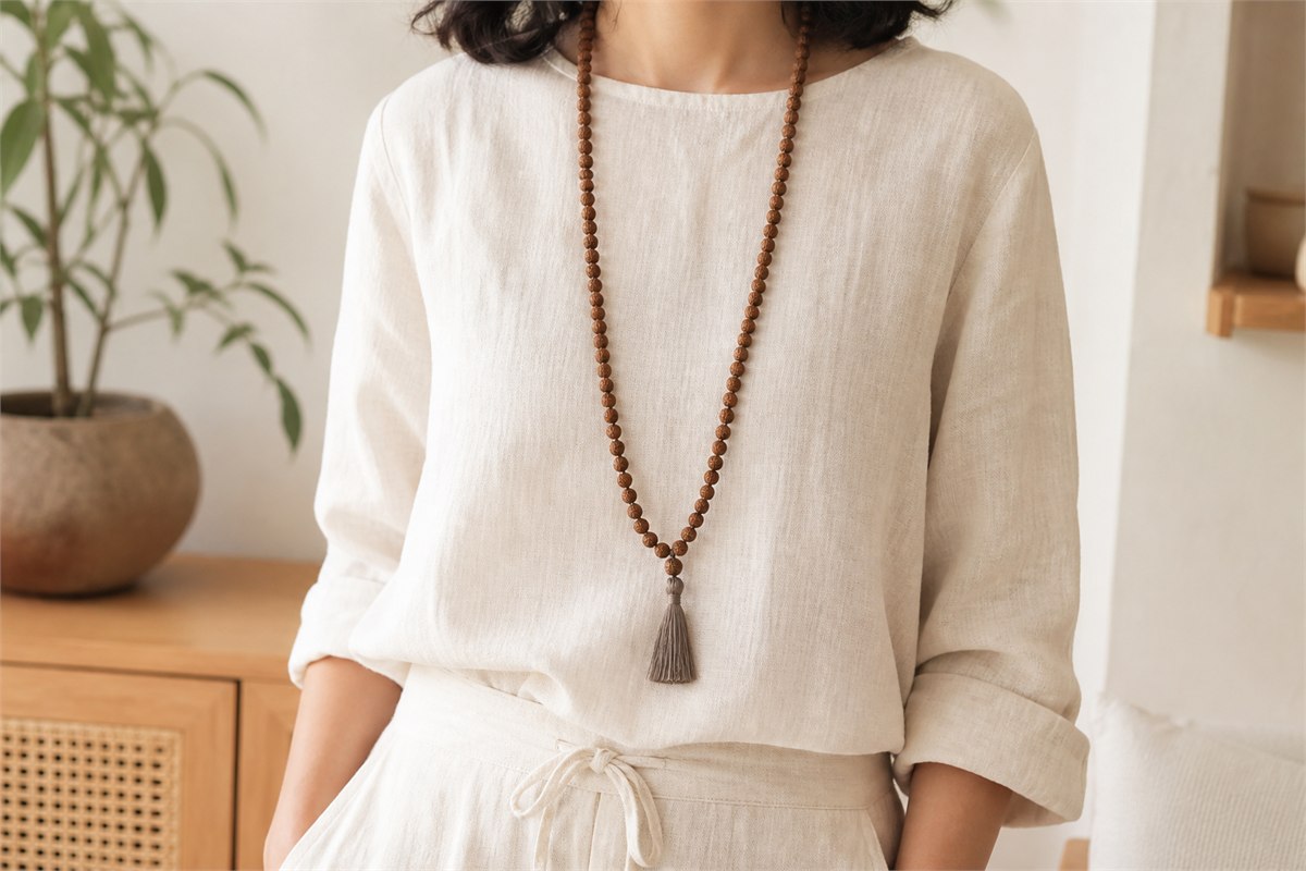 Person in neutral linen clothing wearing a long Bodhi seed mala with a restrained tassel