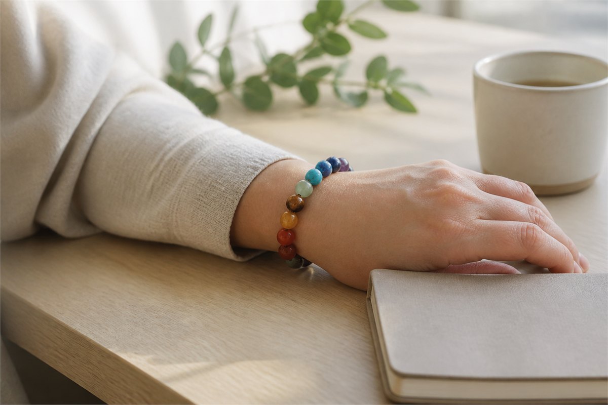 Seven-color bracelet worn comfortably on an adult wrist beside a notebook