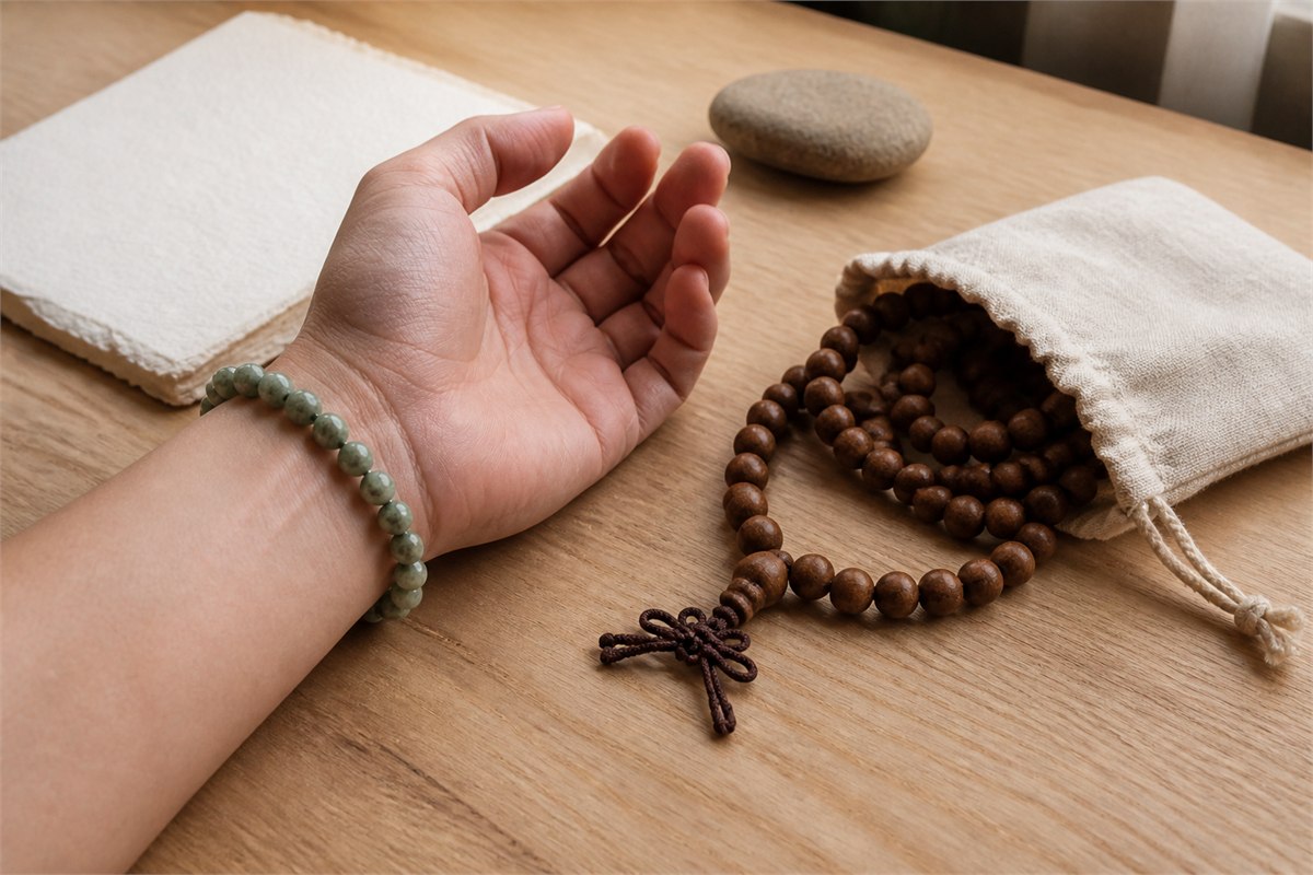 Loose pale green bead bracelet on an adult wrist beside a wooden strand and linen storage pouch