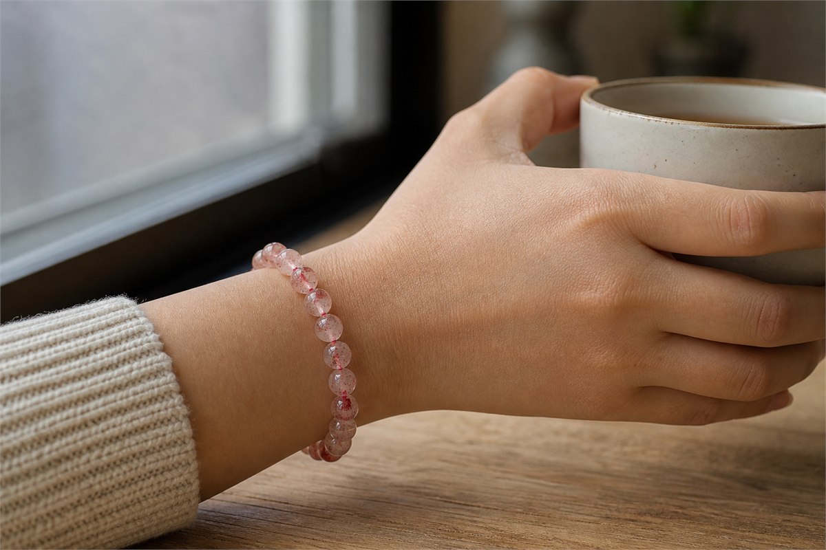 Strawberry quartz bead bracelet worn on a relaxed wrist beside a ceramic cup