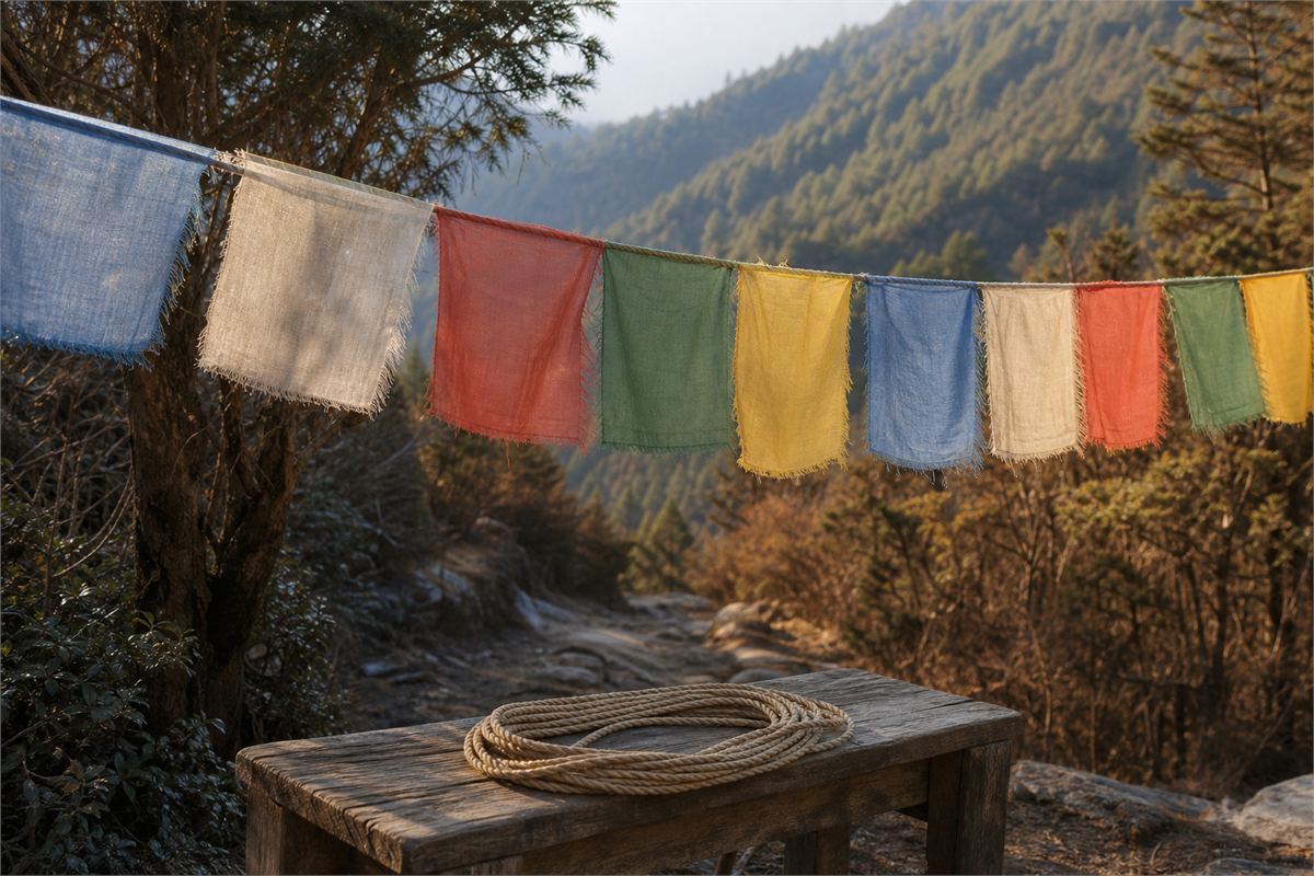Sun-faded cloth prayer flags above a clean wooden bench with coiled natural-fiber cord