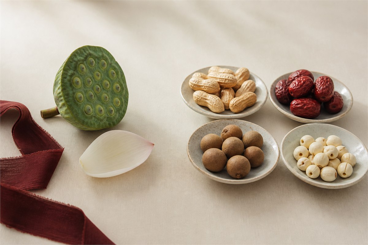 Lotus seedpod beside separate dishes of red dates, peanuts, longans, and lotus seeds