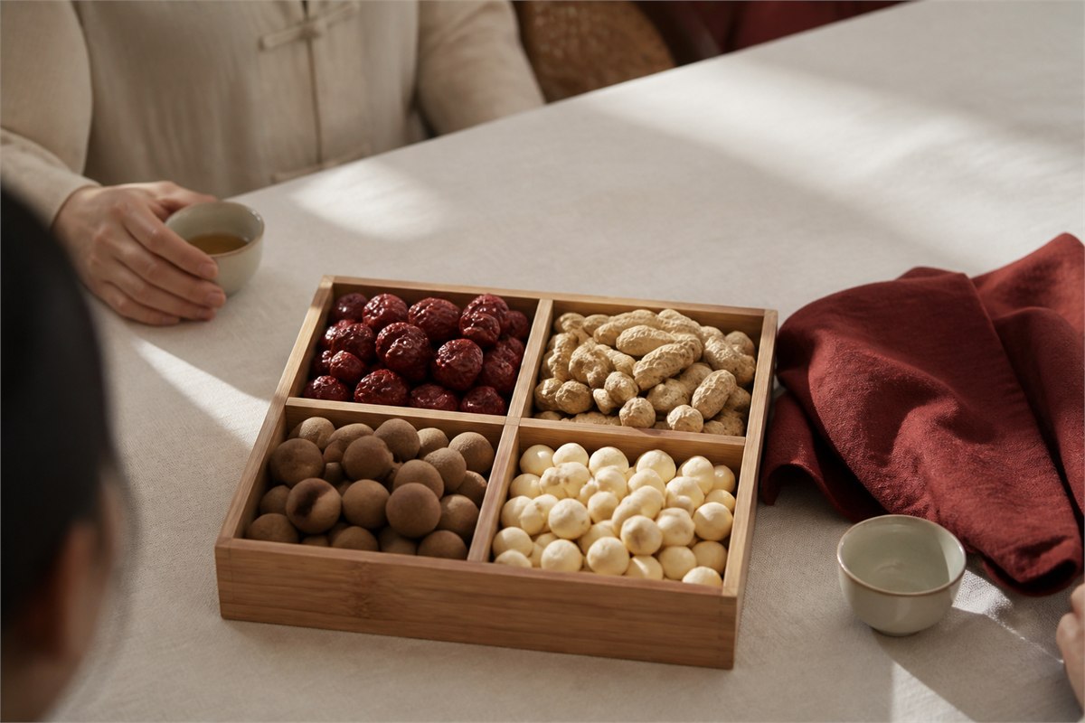 Wooden tray with separate red dates, peanuts, longans, and lotus seeds at a family table