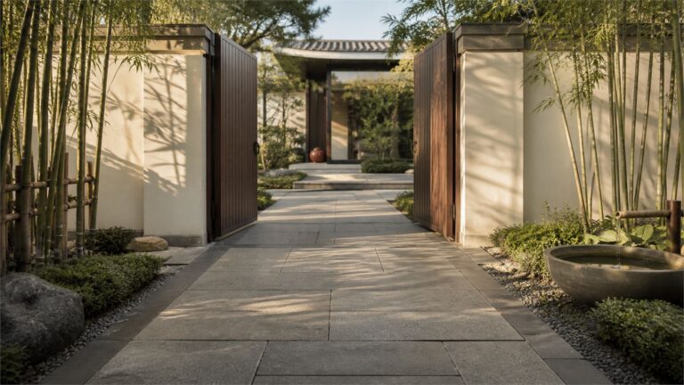 Warm-gray porcelain garden path leading through open timber gates into a bamboo courtyard