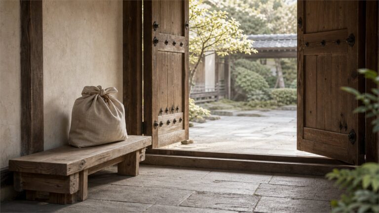 Open wooden temple doors with a linen cloth sack resting on a bench in morning light.