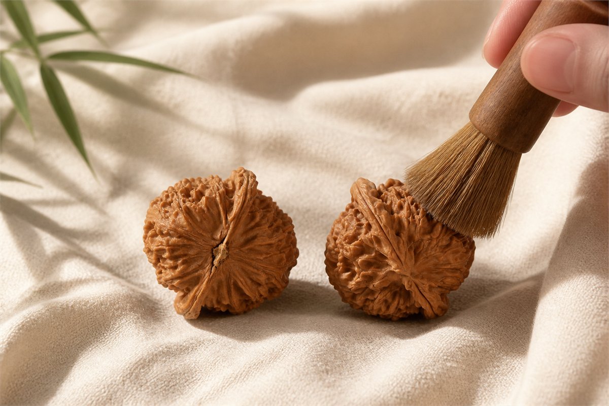 A soft natural-bristle brush lightly sweeps a matched pair of dry Wenwan walnuts on cotton cloth.