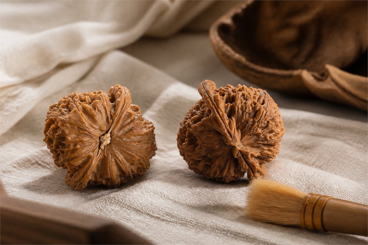 A matched Wenwan walnut pair with a soft dry detail brush beside naturally shadowed grooves.