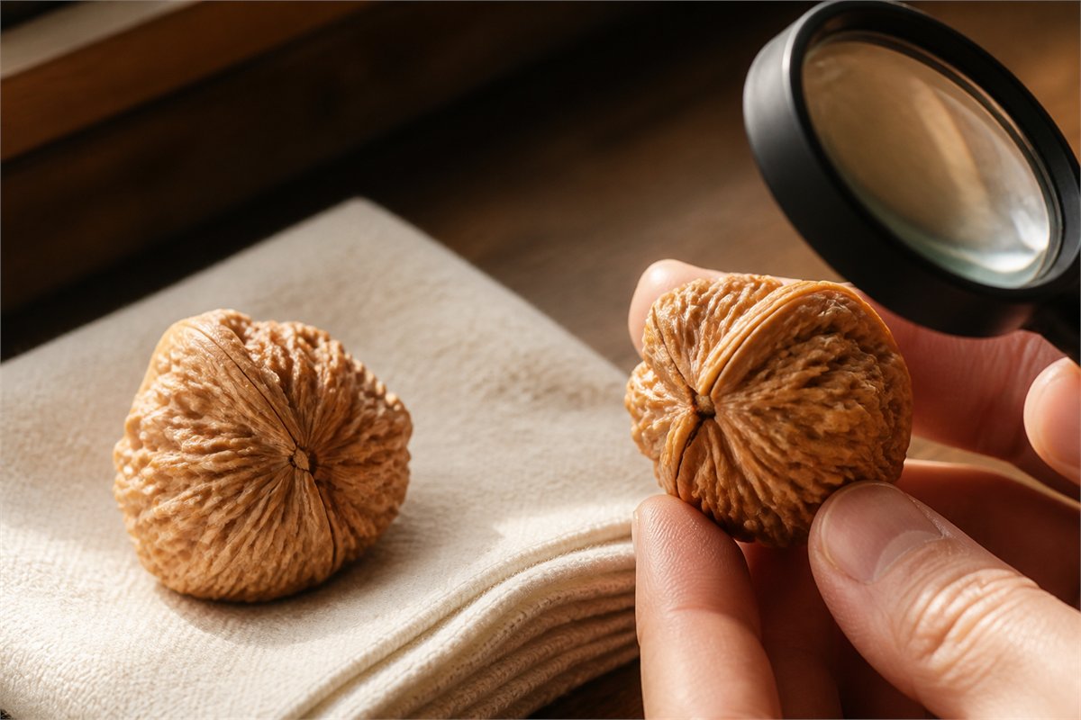 A hand examines one Wenwan walnut with a magnifier while its partner rests on folded cloth.
