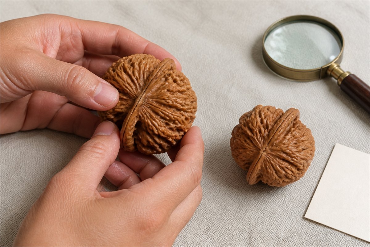 Hands gently inspect a matched pair of Wenwan walnuts beside a magnifier on ivory cloth.