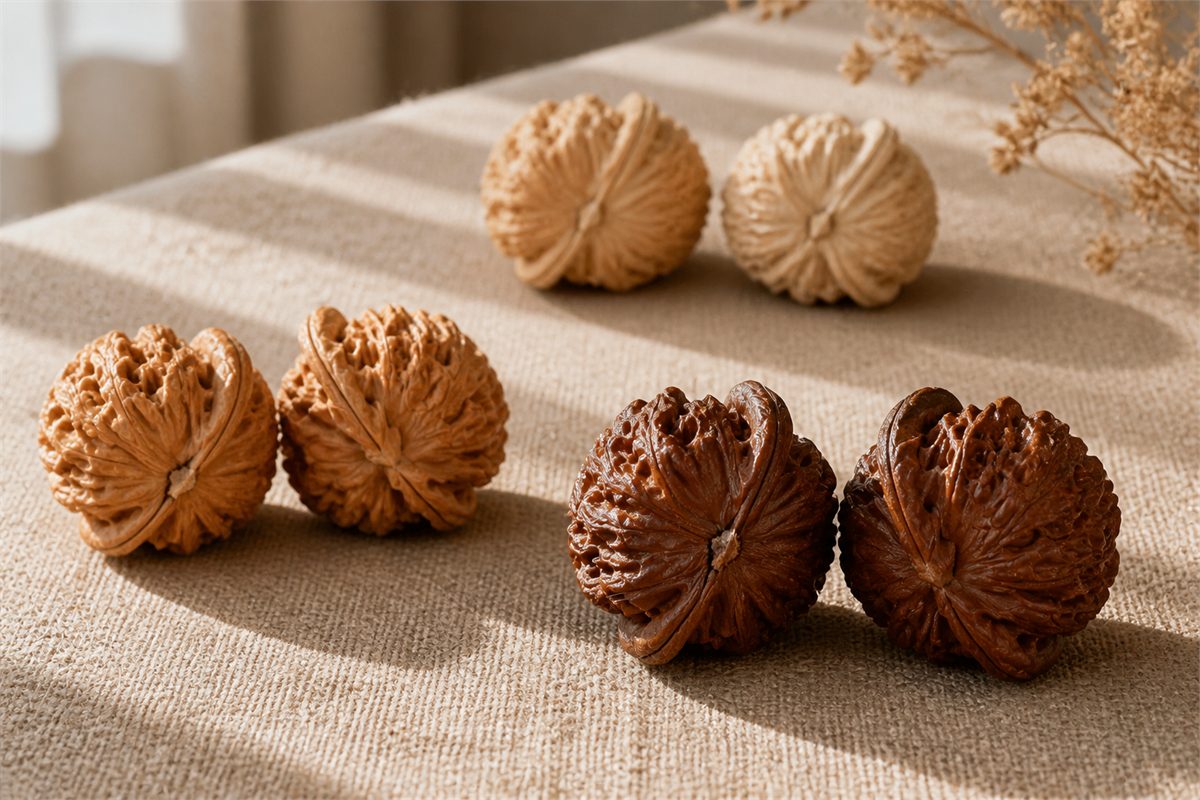 Three matched Wenwan walnut pairs show pale shell, early warm sheen, and deeper mature patina.