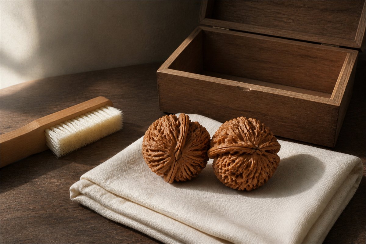 A matched pair of Wenwan walnuts with a soft dry brush and an open padded box.