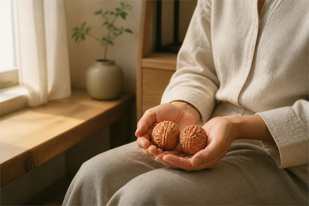 An adult gently holds a matched pair of Wenwan walnuts beside a softly lit window.