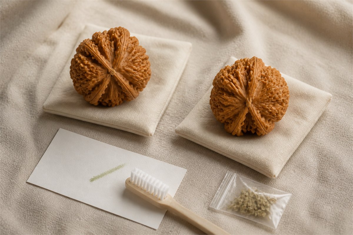 A Wenwan walnut pair rests on white pads beside a brush and a faint green test mark on paper.