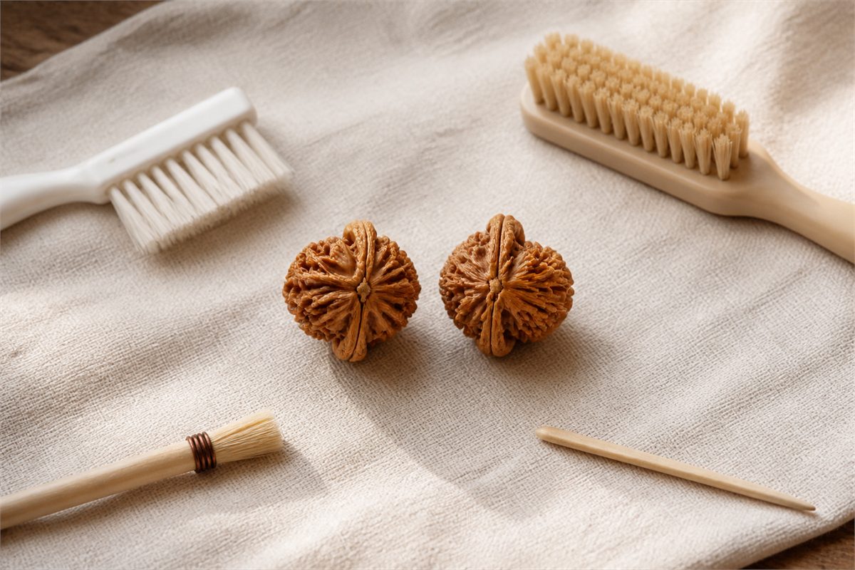 A Wenwan walnut pair is arranged with clean nonmetal brushes and a rounded wooden pick.