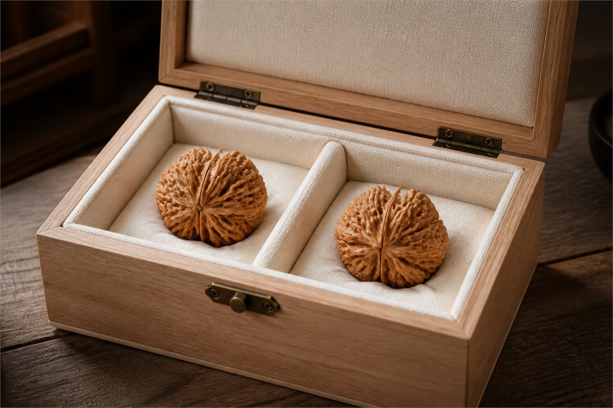 A matched pair of Wenwan walnuts rests separately in a padded breathable wooden box.
