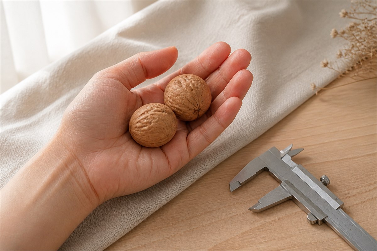 Adult hand holding two medium-size walnuts beside a closed metal caliper