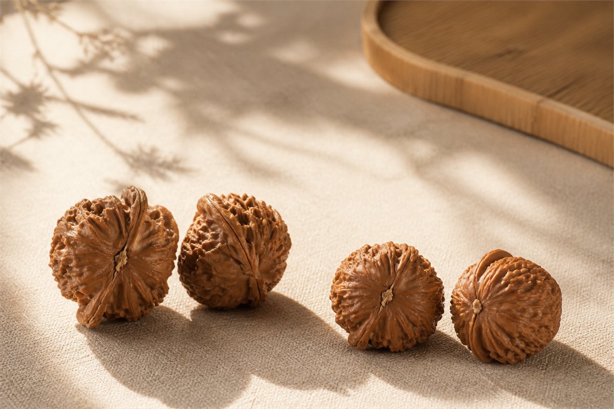 Two matched pairs of Wenwan walnuts show taller deep ridges and lower broader forms.