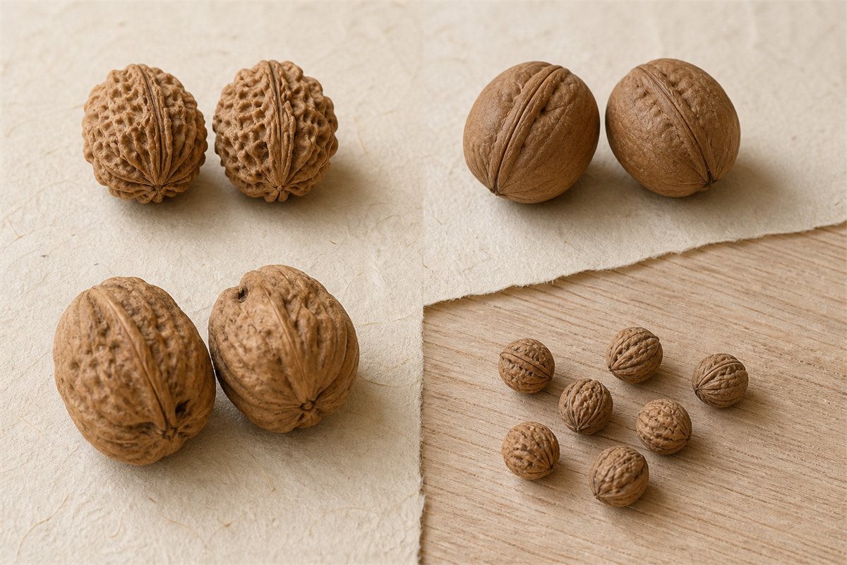 Four groups of walnut shells with different sizes, ridge depths, and profiles on ivory paper and wood