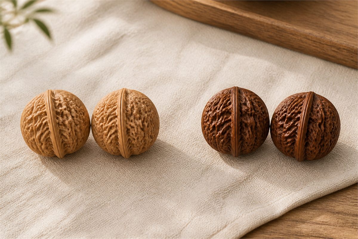 A lighter new walnut pair beside a deeper brown pair with subtle natural luster