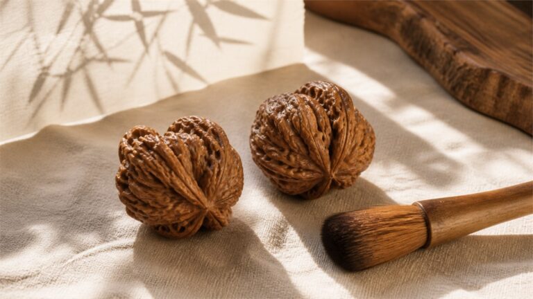 A matched pair of deep-ridged Wenwan walnuts beside a soft dry brush in warm natural light.