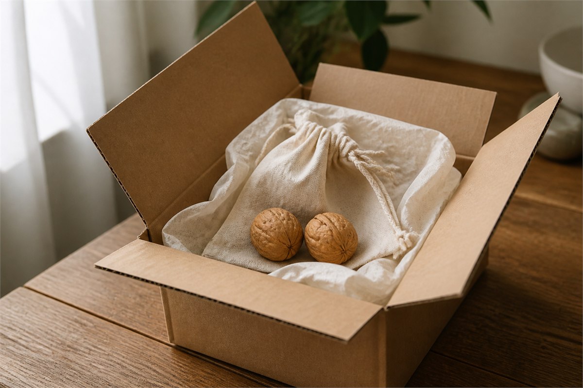 Two newly arrived Wenwan walnuts in an open kraft box with a dry cotton pouch