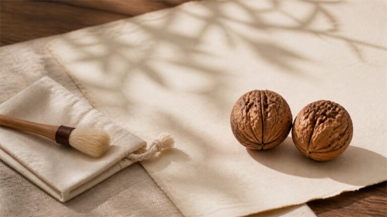 Matched Wenwan walnut pair with a soft brush and cotton pouch on warm ivory paper