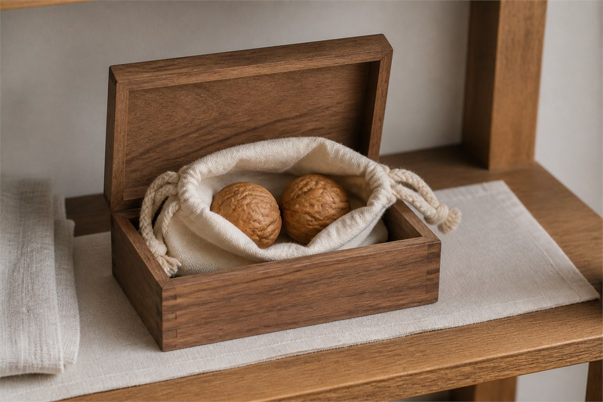 Two Wenwan walnuts in an open dry cotton pouch inside a wooden box