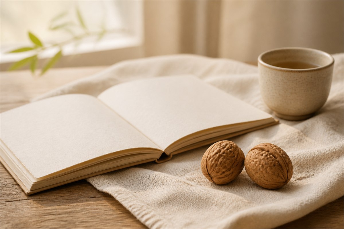 A matched pair of walnuts beside a blank journal and ceramic tea cup in morning light