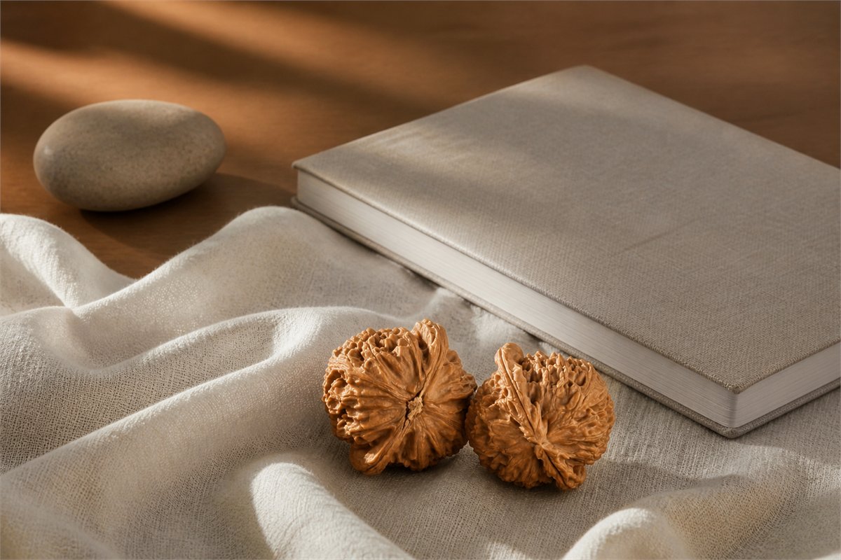 A matched pair of Wenwan walnuts beside a notebook and smooth stone in natural window light.