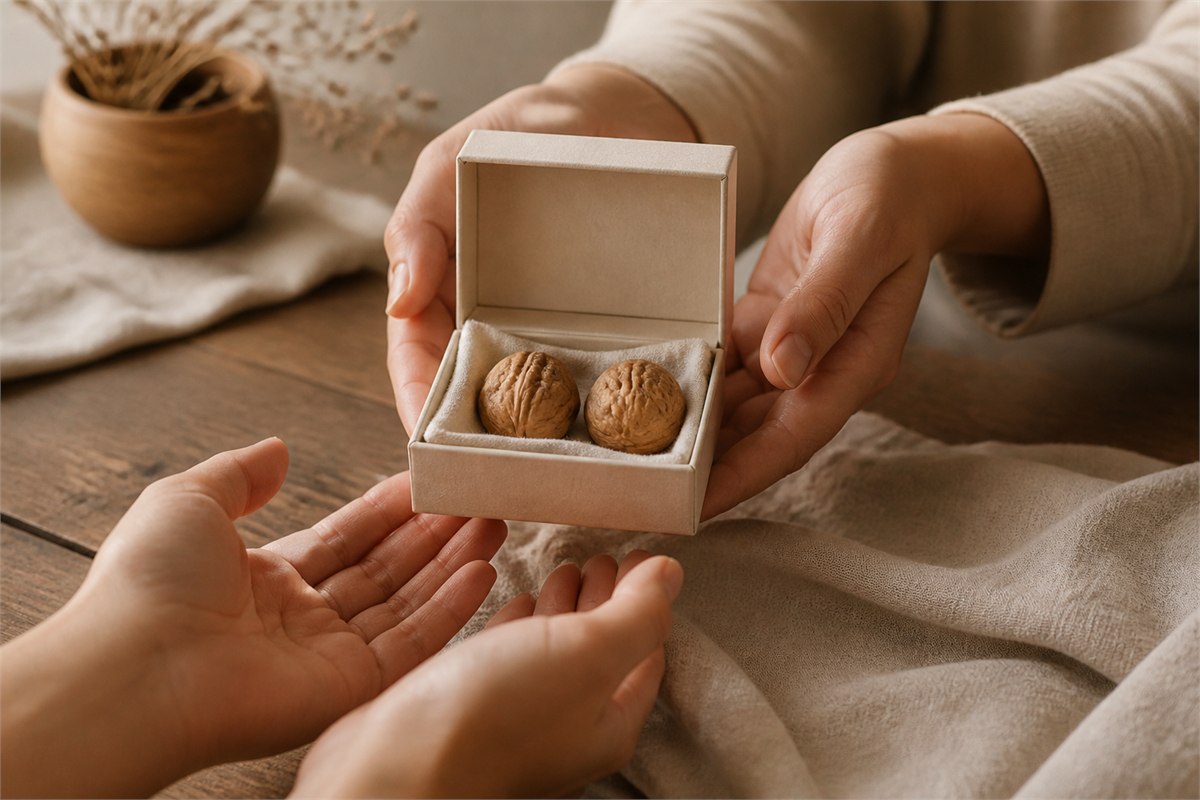 One adult offering another an open neutral box holding two Wenwan walnuts
