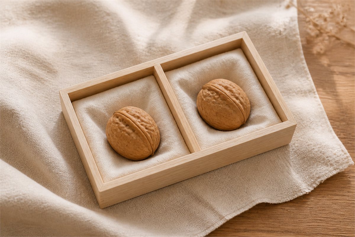 Two Wenwan walnuts resting in separate cloth-lined compartments of a wooden tray