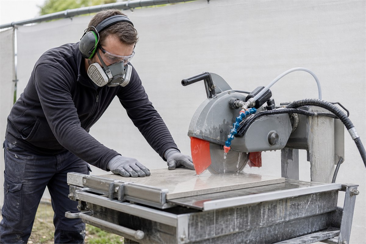 Protected worker using a guarded wet saw to cut an outdoor porcelain paver