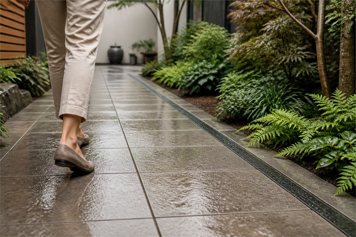 Person walking on a wet textured garden path beside a linear drain after rain
