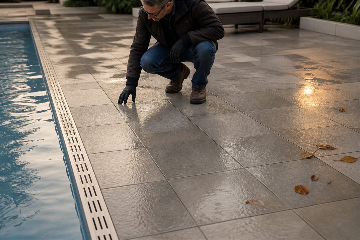 Professional observing a wet textured porcelain-paver surface beside a pool drain