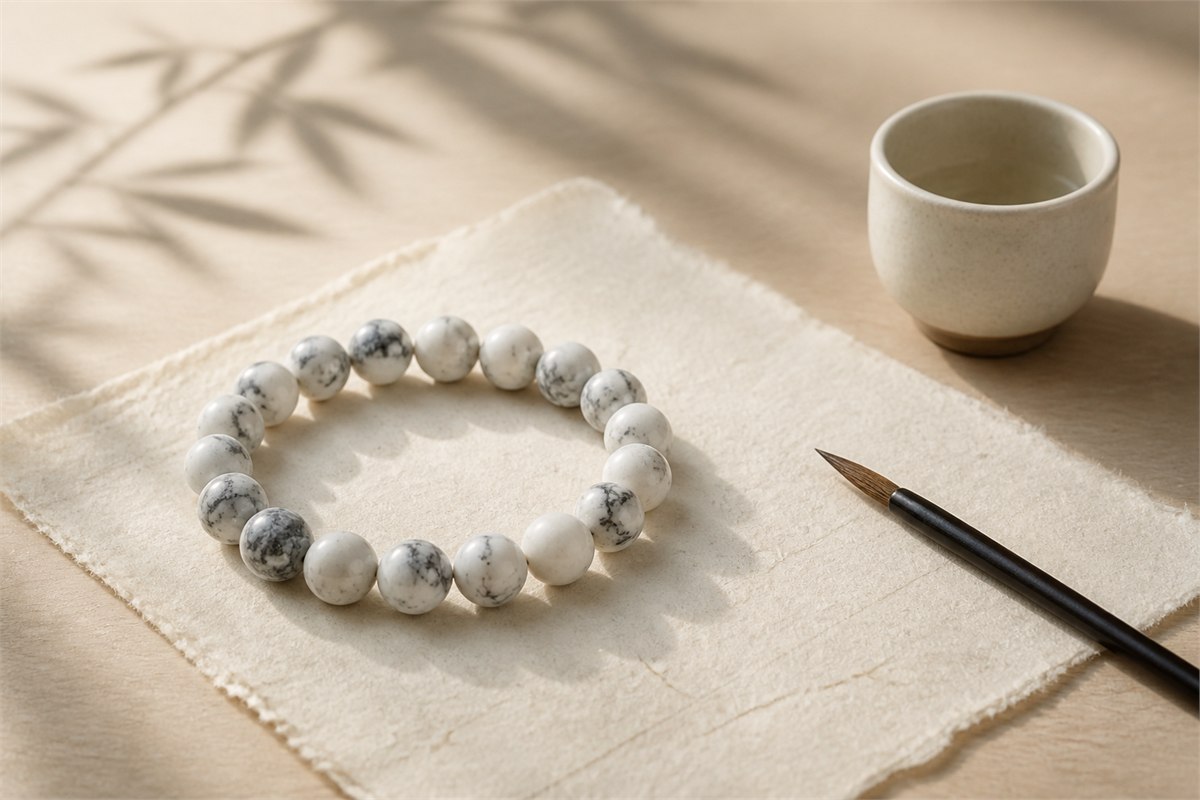 White and gray veined bracelet beside an ink brush and blank handmade paper